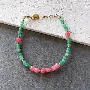 Vibrant candy-colored natural stone faceted beaded bracelet with a gold heart charm
