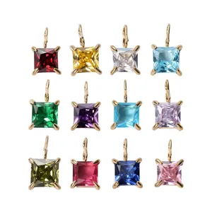 316L Stainless Steel Princess Cut Square Birthstone Pendant Women Zirconia DIY Jewelry Making Charm PVD Gold Plated Accessory