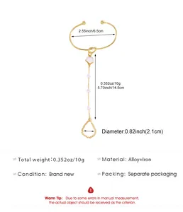 Detailed specifications of the gold-toned pearl hand chain and ring with dimensions