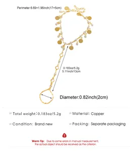 Detailed product dimension diagram for a gold copper hand harness with round charms
