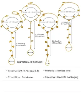 Detailed measurements of stainless steel hand harnesses with butterfly and heart charms.