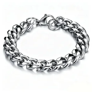 Polished stainless steel Cuban link bracelet for men with secure lobster clasp detail