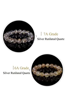 Close-up comparison of 6A and 7A grade natural silver rutilated quartz bead bracelets