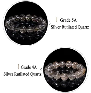 Close-up detail of silver rutilated quartz beads showing internal needle-like inclusions
