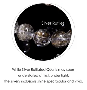 Macro detail of natural silver rutilated quartz bracelet showing 7A grade silk inclusions