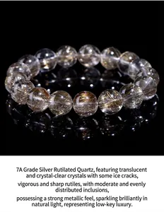 Detailed view of high quality 7A natural silver rutilated quartz crystal round bead bracelet
