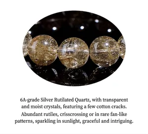Macro detail of natural silver rutilated quartz beads showing internal needle inclusions
