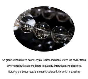 Macro detail of natural silver rutilated quartz beads showing needle inclusions
