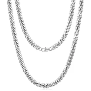 Silver-toned polished stainless steel Cuban link chain necklace for men's hip hop style