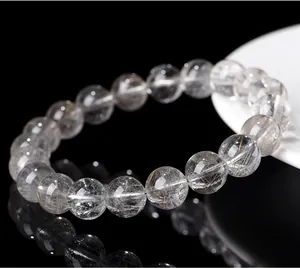 Detailed view of high-quality 7A natural silver rutilated quartz beaded bracelet