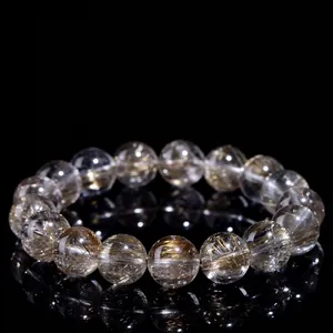 Natural Silver Rutilated Quartz Bracelet Grade 5A Polished Round Bead Crystal Healing Stone Jewelry For Men Women Unisex Gift