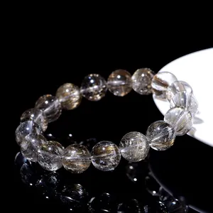 Natural silver rutilated quartz beaded bracelet with clear crystal texture