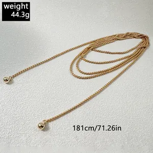 Collar largo de cadena de bolas doradas de 181 cm con colgantes de esfera, estilo multicapa.