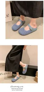 Detailed view of women's light blue mesh Mary Jane mules worn by an Asian model.
