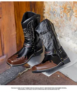 Detailed view of embroidered Western cowboy boots featuring durable rubber soles and pointed toes.