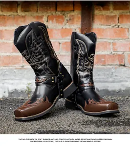 Mid-calf Western cowboy boots with intricate embroidery and a durable soft rubber sole