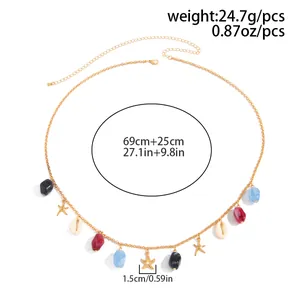 Detailed macro view of bohemian beach waist chain with starfish shell charms and dimensions