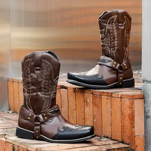 Vintage Mid-calf Western Cowboy Boots For Men Embroidered Pointed Toe Knight Boots With Harness Buckle Retro Biker Leather Boots