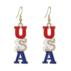 Close-up detail of USA letter drop earrings with red white and blue rhinestones