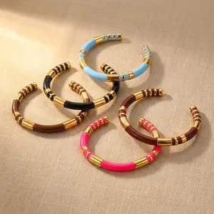 Bracciale Rigido Aperto a C a Forma di Nodo di Bambù Retro per Donna in Acciaio Inossidabile Smalto a Righe Gioiello Personalizzato Regalo