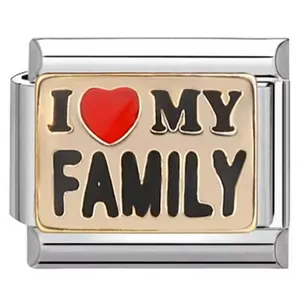 Stainless steel modular bracelet charm featuring I love my family text and red heart