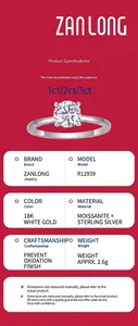 Detailed specifications of minimalist S925 sterling silver cultured moissanite ring