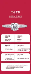Detailed view of sterling silver ring with sparkling moissanite and white gold plating