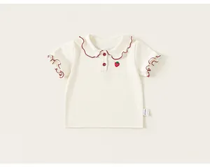 Front view of baby girl short sleeve t-shirt with doll collar and strawberry embroidery