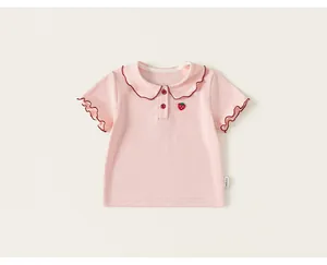 Detailed view of pink toddler girl's t-shirt with cute strawberry embroidery detail