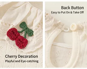 Detail showing cherry embroidery on ruffled collar and back button closure of girls T-shirt.
