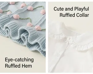 Detail view of a white ruffled collar shirt and blue knit sweater with pink floral accents.