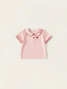 Sweet pink baby girl short sleeve t-shirt with ruffled collar and strawberry detail