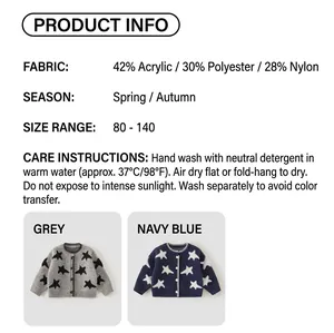 Detail showing kids star pattern cardigans in gray and navy blue colors