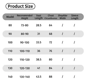 Comprehensive size chart for girls' spring clothing set including vest measurements