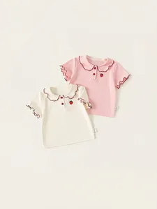 Sweet doll collar baby girls T-shirts with strawberry embroidery and ruffled sleeves