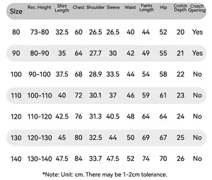 Detailed size chart for girls' collared shirt and denim flare pants set, CM units.