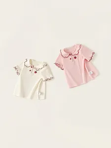 Soft cotton summer t-shirt for baby girls with Peter Pan collar and strawberry embroidery