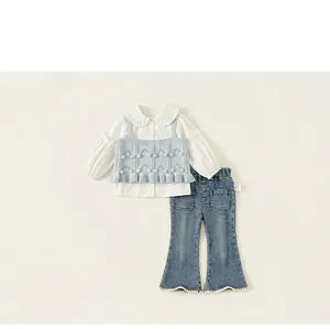 Girls' clothing set featuring a white ruffle collar shirt and blue denim flare jeans