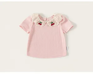 Toddler girl's pink short sleeve T-shirt featuring a lace Peter Pan collar with cherry embroidery