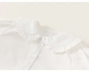 Close-up detail of white ruffled Peter Pan collar and button-down shirt for girls