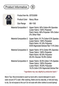 Composizione dettagliata del tessuto e istruzioni di lavaggio per set bambina blu navy a quadri