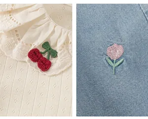 Detailed view of cherry and flower embroidery on girl's cotton T-shirt