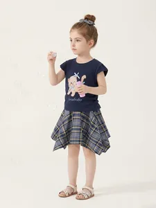 Completo estivo da bambina 2 pezzi con t-shirt gatto e gonna scozzese a balze