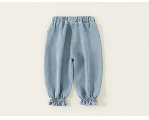 Baby girl light blue denim pants with elastic waist and cute ruffled leg openings