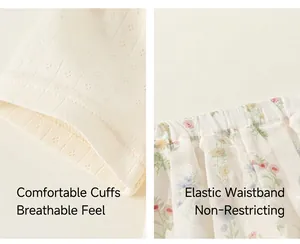 Close-up details of girls' pointelle knit sleeve and floral elastic waistband