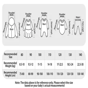 Detailed size guide table for girls' summer cotton short-sleeve T-shirt clothing