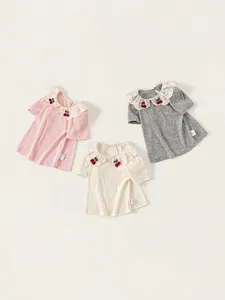 Adorable girls' short sleeve T-shirt with ruffle collar and cherry embroidery set of 3