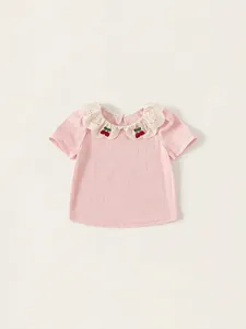 Adorable pink baby girl T-shirt featuring a ruffled lace collar and sweet cherry embroidery