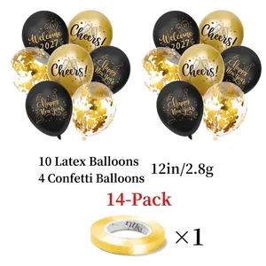 2027 Happy New Year balloon set featuring 14 pieces of black and gold latex and confetti balloons