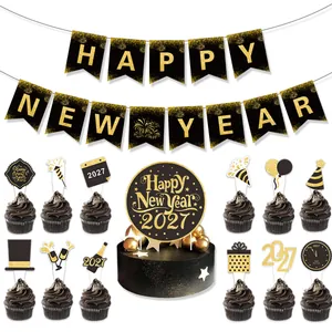 2027 Happy New Year banner and cupcake topper set in elegant black and gold glitter theme.